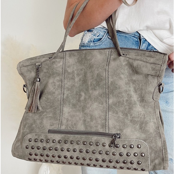 Grey Soft Vegan Leather Shoulder Computer Work Everyday Studd Fringe HandBag - Picture 2 of 9